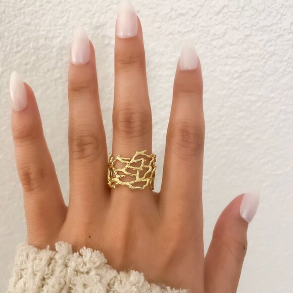 925 Sterling Silver Gold Textured Ring Vine Coral Tree Branch Ring Boho Ring - Picture 2 of 9
